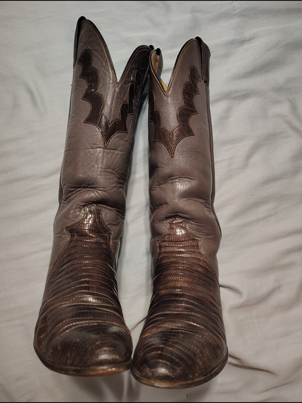 Justin Boots Two-Tone Brown Textured Western Heeled Boots - Picture 2 of 4